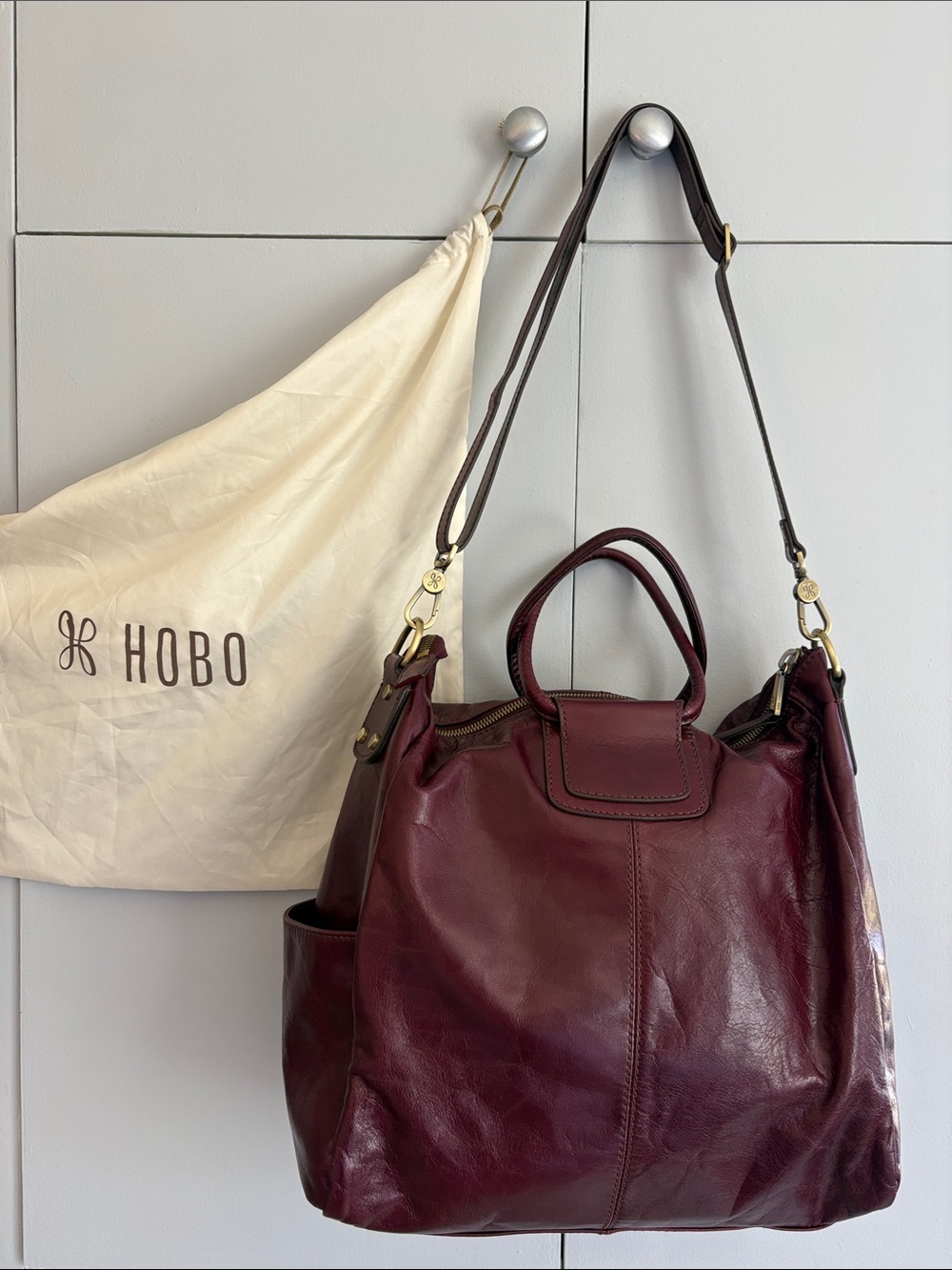 HOBO Burgundy Leather Hobo with Dual Handles and Adjustable Strap